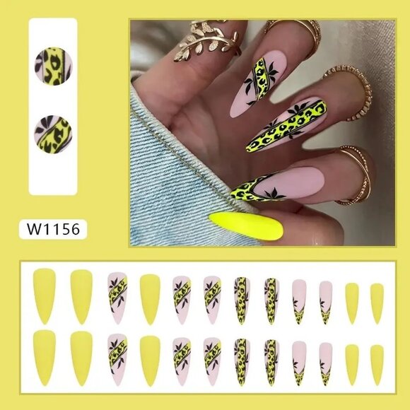 Nails Stiletto Fake Press On 24 Leopard Trendy Stylish Matte Sexy Glam Yellow - Picture 2 of 5
